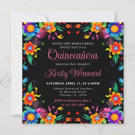 Mexicaans Fiesta Bloemstuk Zwarte Quinceanera Kaart (Voorkant)