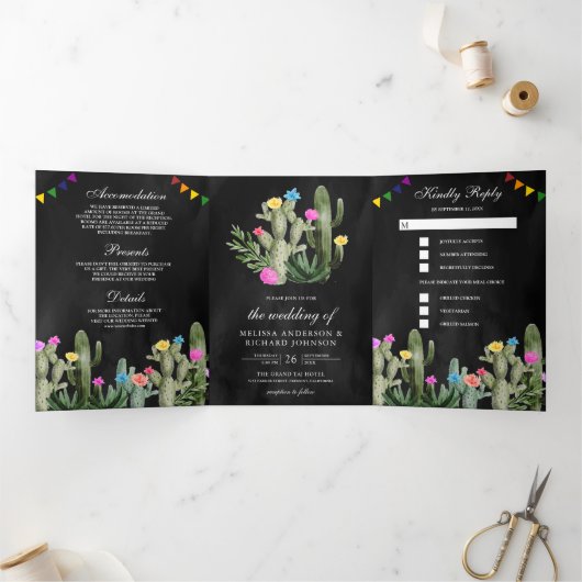 Mexicaans Fiesta Cactus Floral Black Wedding Drieluik Uitnodiging (Binnen)