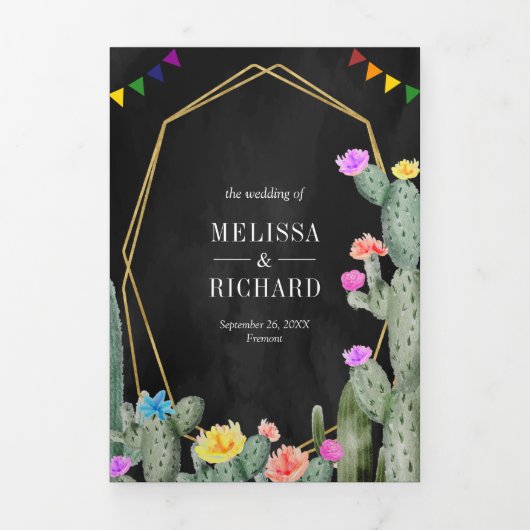 Mexicaans Fiesta Cactus Floral Black Wedding Drieluik Uitnodiging (Cover)