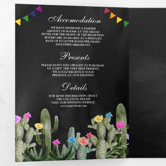 Mexicaans Fiesta Cactus Floral Black Wedding Drieluik Uitnodiging (Binnenzijde eerst)