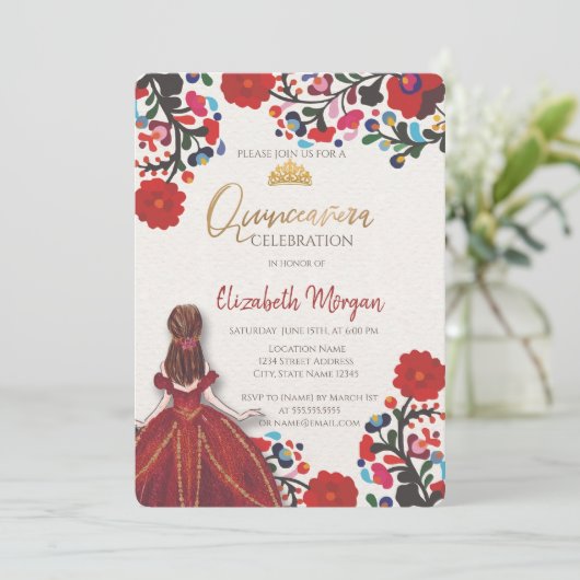 Mexicaans Fiesta Dress Tiara Quinceañera Kaart (Staand voorkant)
