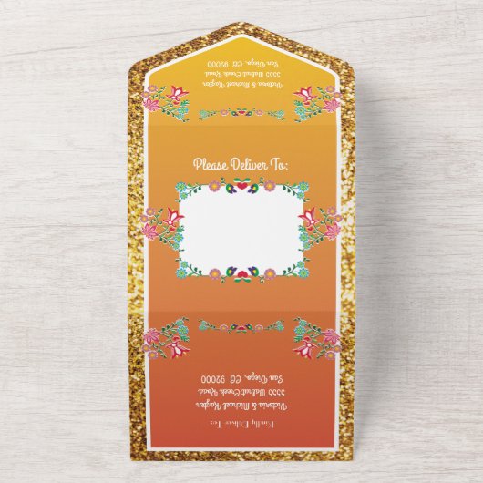 Mexicaans Fiesta Faux Gold Glitter Floral Wedding All In One Uitnodiging (Buitenkant)