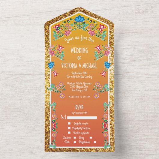 Mexicaans Fiesta Faux Gold Glitter Floral Wedding All In One Uitnodiging (Binnen)