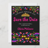  Mexicaans Fiesta Floral Gold Tiara Zwart Roze Save The Date (Voorkant)
