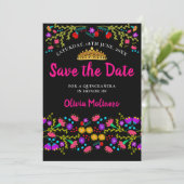  Mexicaans Fiesta Floral Gold Tiara Zwart Roze Save The Date (Staand voorkant)