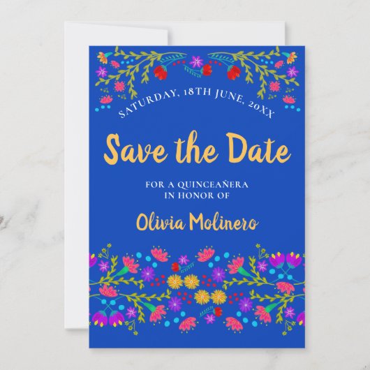  Mexicaans Fiesta Floral Royal Blue Save The Date (Voorkant)