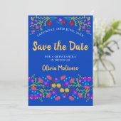  Mexicaans Fiesta Floral Royal Blue Save The Date (Staand voorkant)