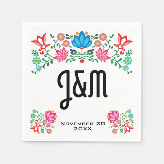 Mexicaans Fiesta Folk Art Floral initialen Weddens Servet (Voorkant)