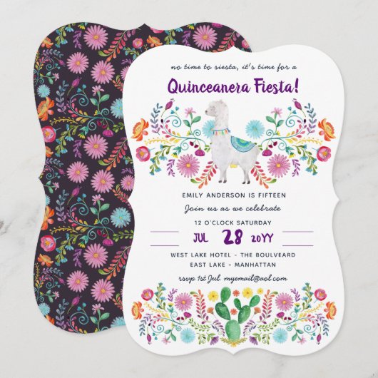 Mexicaans FIESTA Quinceanera Volk Bloemen Lama Sch Kaart (Voorkant / Achterkant)