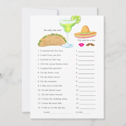 Mexicaans Fiesta Taco Bruiloftsspel Kaart (Voorkant)