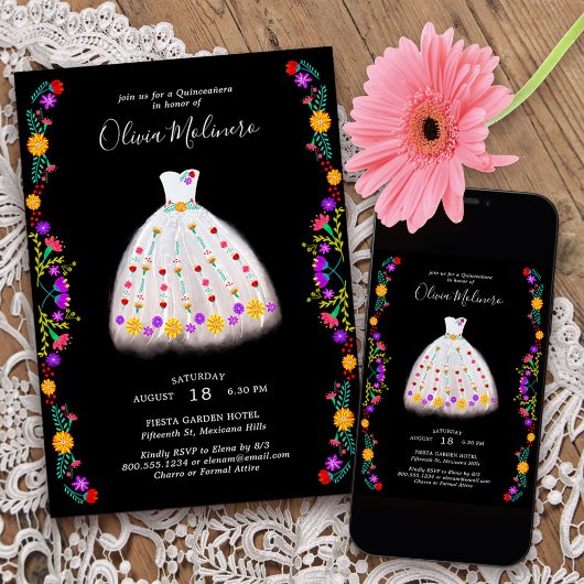 Mexicaans Fiesta White Floral Princess Quinceanera Kaart