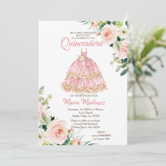 Mexicaans Floral Roos Gold Princess Quinceanera Kaart (Staand voorkant)