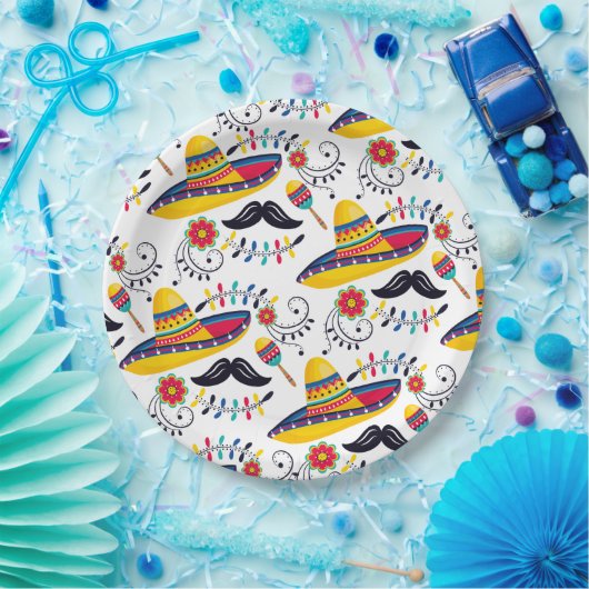 Mexicaans Folk Art Pattern Sombreros, Mustaches Papieren Bordje (Feest)