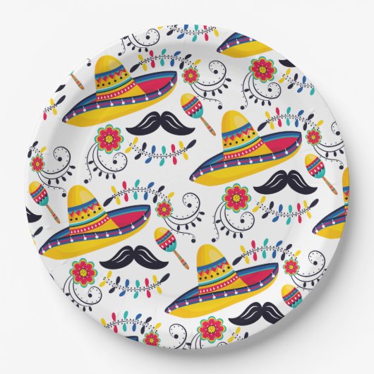 Mexicaans Folk Art Pattern Sombreros, Mustaches Papieren Bordje (Voorkant)