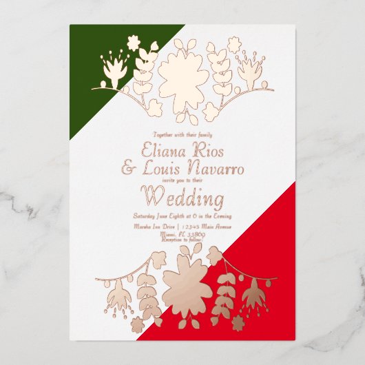 Mexicaans Folk Floral Heart Red Weddenschap gepers Folie Uitnodiging (Voorkant)