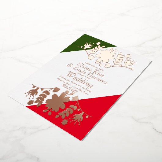 Mexicaans Folk Floral Heart Red Weddenschap gepers Folie Uitnodiging (Gedraaid)