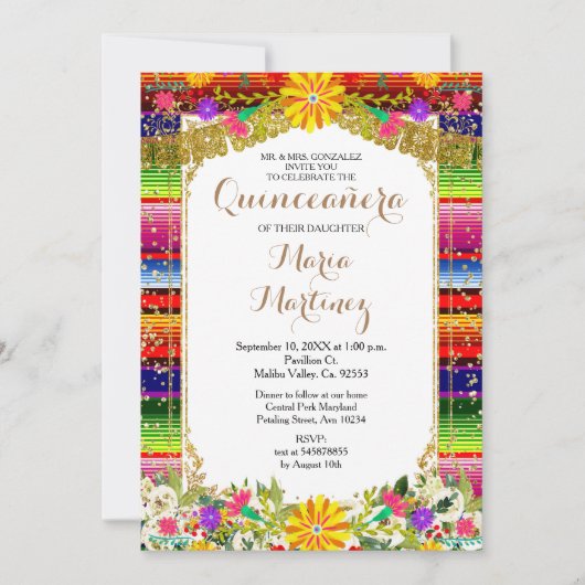 Mexicaans Gold Floral Quinceañera Uitnodiging (Voorkant)