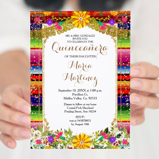 Mexicaans Gold Floral Quinceañera Uitnodiging