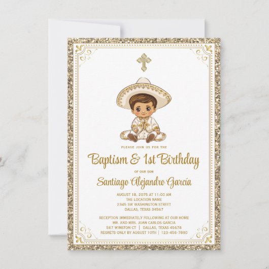 Mexicaans Goud Charro Doop & Verjaardag Uitnodigin Kaart (Voorkant)