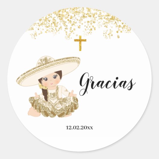 Mexicaans Goud Meisje Charrita Doop Sticker (Voorkant)