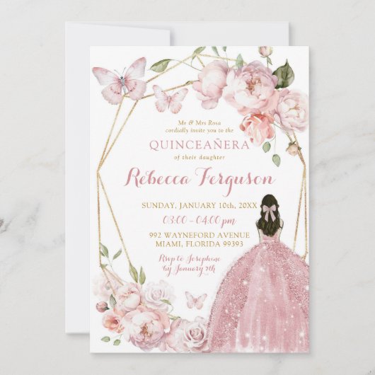 Mexicaans Goud Roze Bloemen Prinses Quinceañera Kaart (Voorkant)