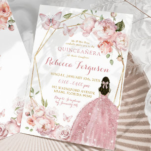 Mexicaans Goud Roze Bloemen Prinses Quinceañera Kaart