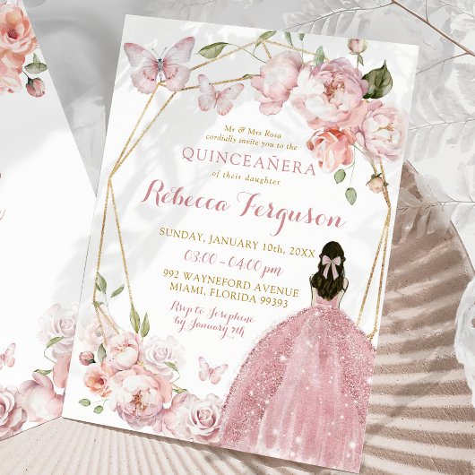 Mexicaans Goud Roze Bloemen Prinses Quinceañera Kaart