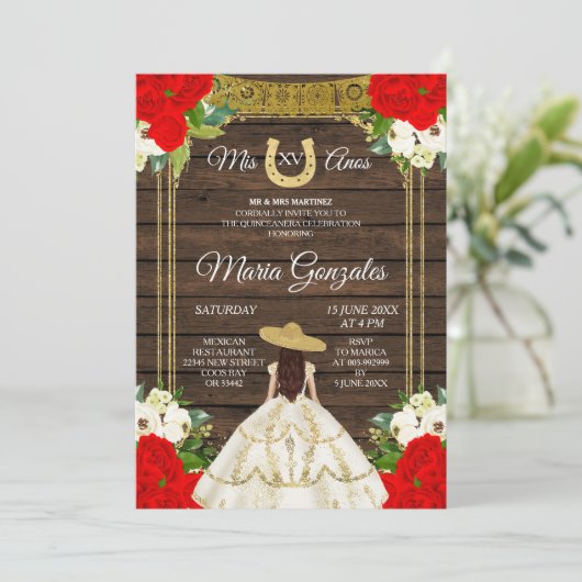 Mexicaans hout, ivoor Charro Mis XV Anos Uitnodigi Kaart (Staand voorkant)