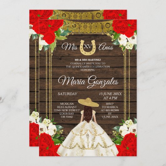 Mexicaans hout, ivoor Charro Mis XV Anos Uitnodigi Kaart (Voorkant / Achterkant)