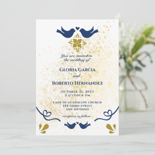 Mexicaans huwelijk met blauwe en gouden Tortelduif Kaart (Staand voorkant)