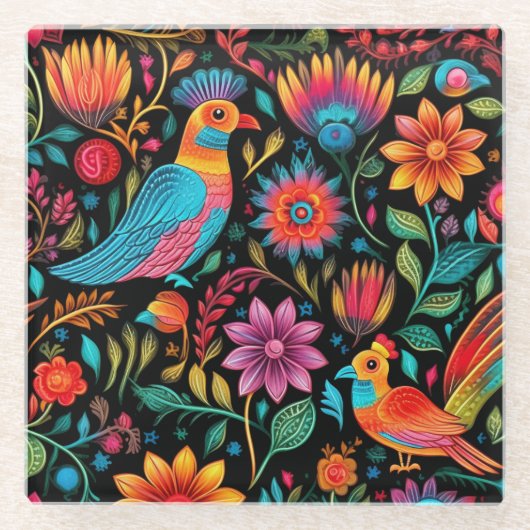 Mexicaans kleurrijk bloemmotief glazen onderzetter (Voorkant)