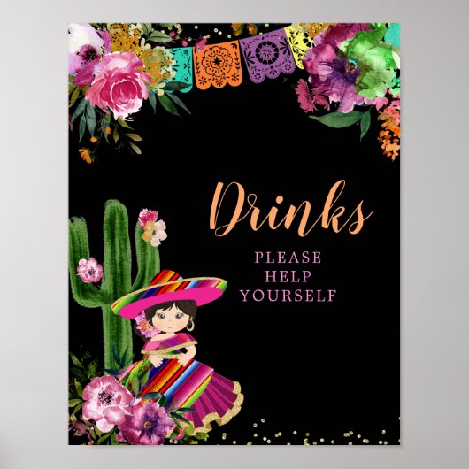 Mexicaans Kleurrijke Fiesta Floral Verjaardag Drin Poster (Voorkant)