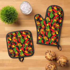 Mexicaans kruidig eten, chilipepers, vlammen, cact ovenwant & pannenlap set