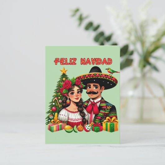 Mexicaans meisje man kerstboom Feliz Navidad kunst Briefkaart (Staand voorkant)