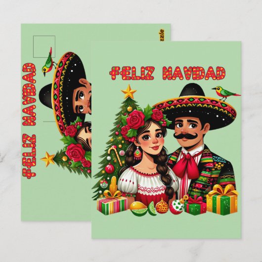 Mexicaans meisje man kerstboom Feliz Navidad kunst Briefkaart (Voorkant / Achterkant)