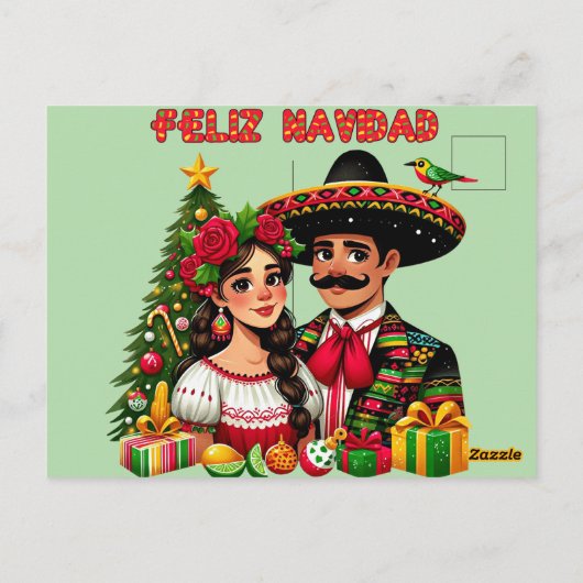 Mexicaans meisje man kerstboom Feliz Navidad kunst Briefkaart (Achterkant)