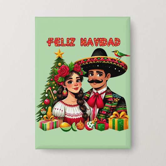 Mexicaans meisje man kerstboom Feliz Navidad kunst Button (Voorkant)