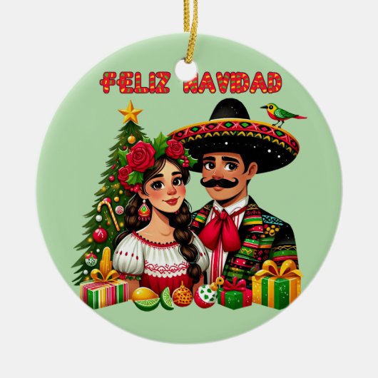 Mexicaans meisje man kerstboom Feliz Navidad kunst Keramisch Ornament (Voorkant)