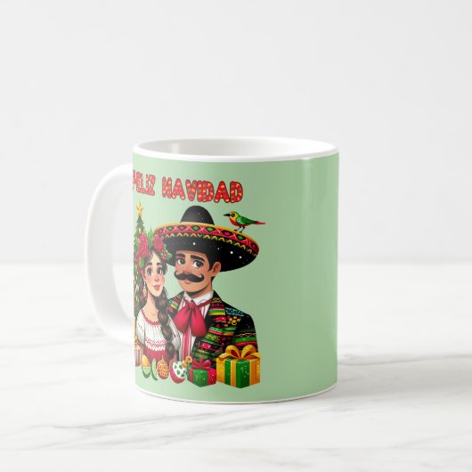 Mexicaans meisje man kerstboom Feliz Navidad kunst Koffiemok (Voorkant links)