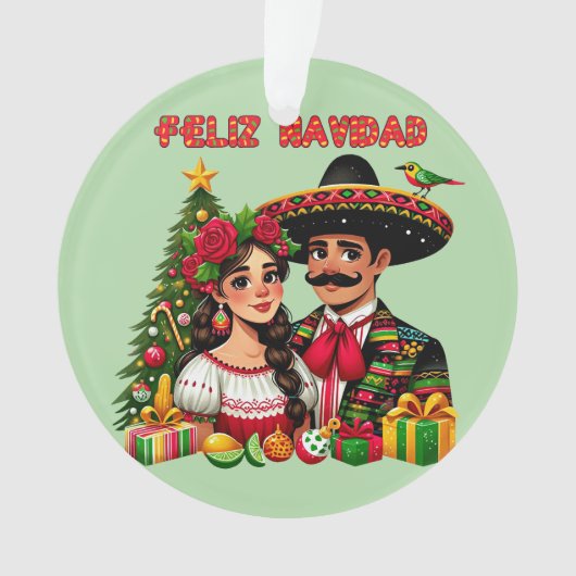 Mexicaans meisje man kerstboom Feliz Navidad kunst Ornament (voorkant)