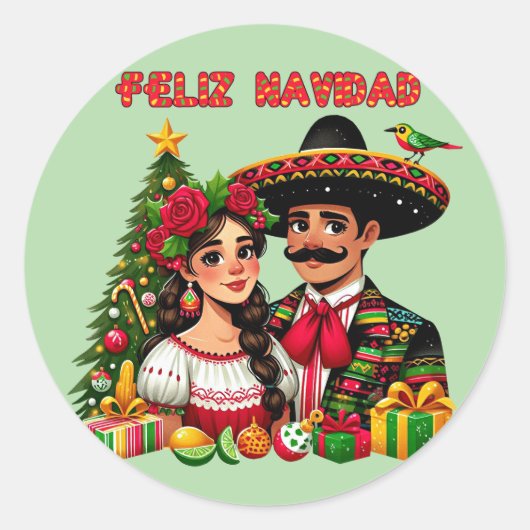 Mexicaans meisje man kerstboom Feliz Navidad kunst Ronde Sticker (Voorkant)