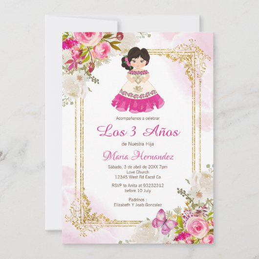 Mexicaans meisje, wit en roze, derde verjaardag 1 kaart (Voorkant)