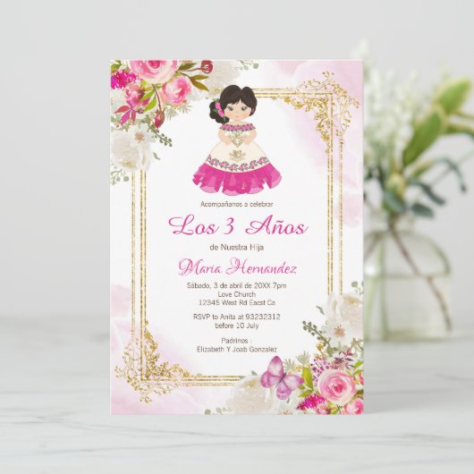 Mexicaans meisje, wit en roze, derde verjaardag 1 kaart (Staand voorkant)