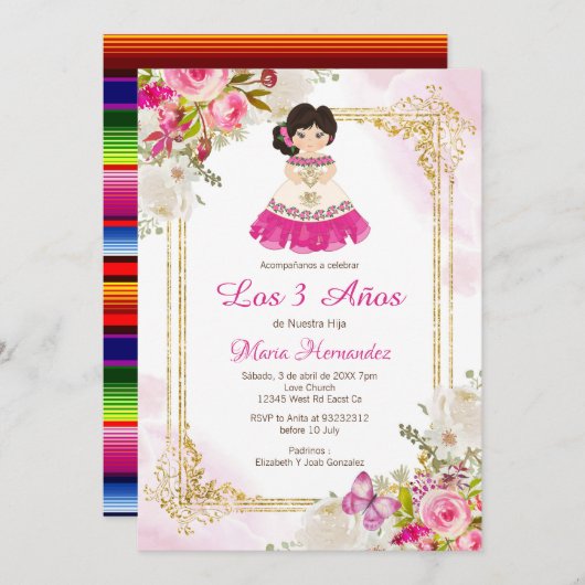 Mexicaans meisje, wit en roze, derde verjaardag 1 kaart (Voorkant / Achterkant)