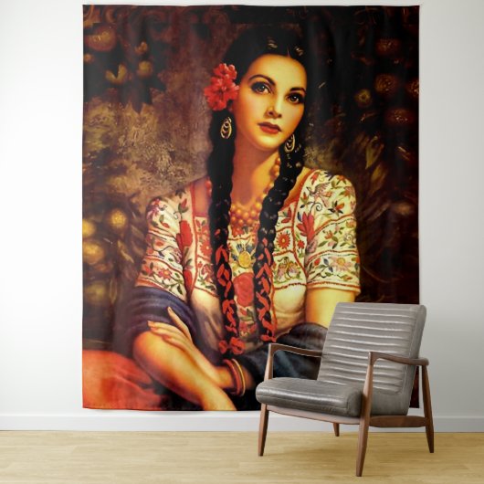 Mexicaans  mooi pop-upmeisje met lange baarmoeder wandkleed (In situ)