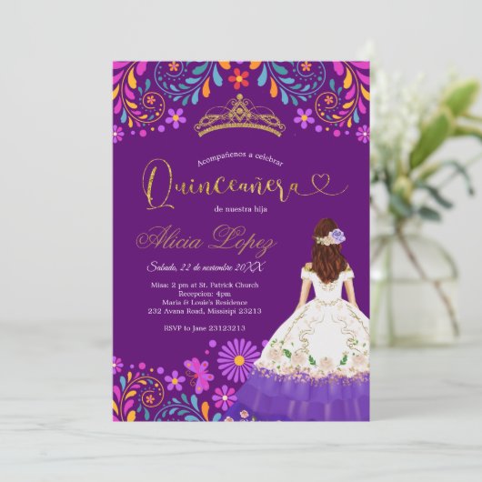 Mexicaans Paars Mis Quince Uitnodiging (Staand voorkant)
