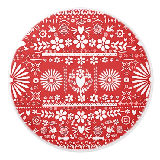 Mexicaans Picado Rood & Wit Cut Papel Papel Papel  Keramische Knop (Voorkant)