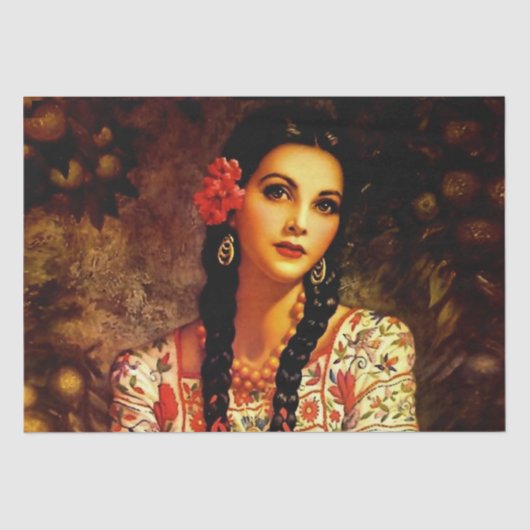 Mexicaans Pin-Up Meisje met Lange Vlechten uit het Tissuepapier (Voorkant)