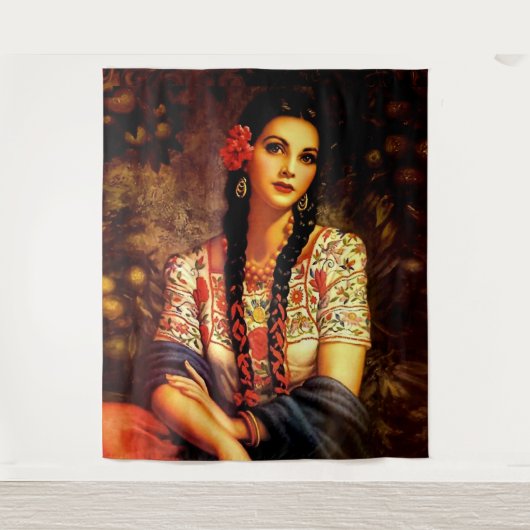 Mexicaans  pop-upmeisje met lange braden wandkleed (Voorkant)