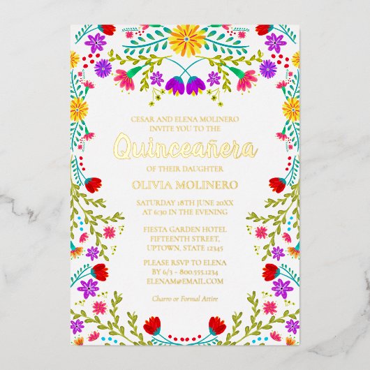 Mexicaans Quinceanera Fiesta Floral Real Gold Folie Uitnodiging (Voorkant)